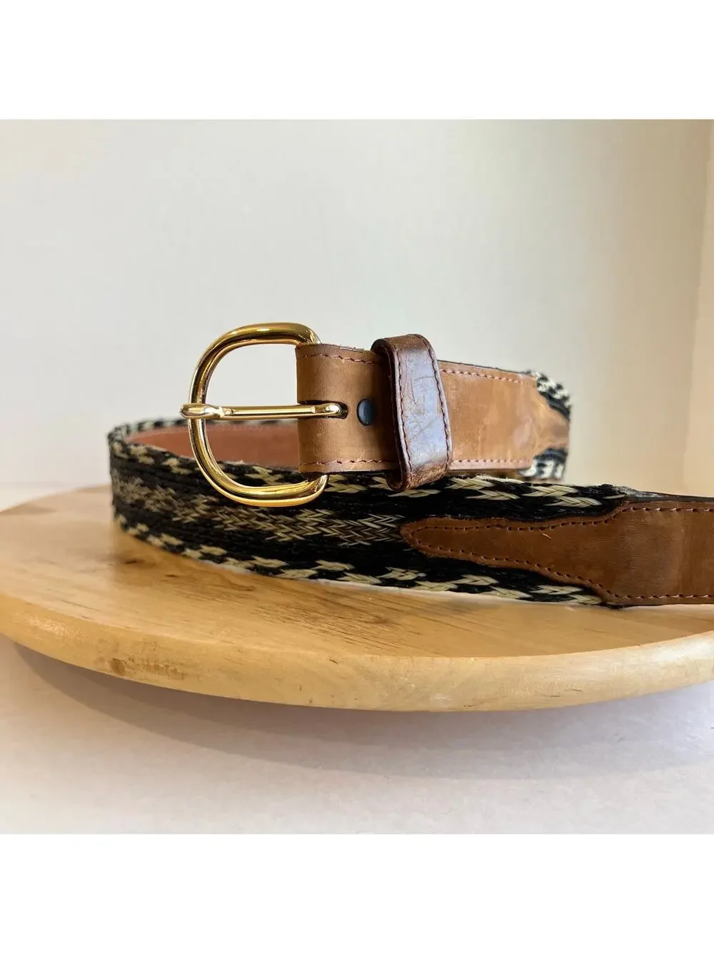 Vintage 90s Western Woven Genuine Leather Gold Buckle Belt Size Large - XL